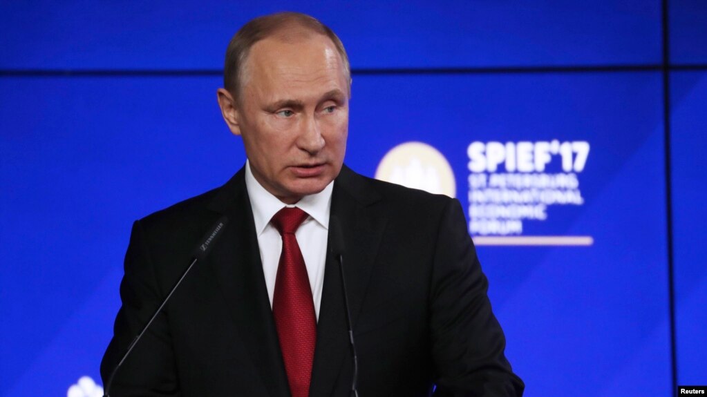 Russian President Vladimir Putin speaks at the St. Petersburg International Economic Forum on June 2.