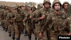 Armenia -- Soldiers march to a military exercise.