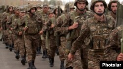 Armenia -- Soldiers march to a military exercise.
