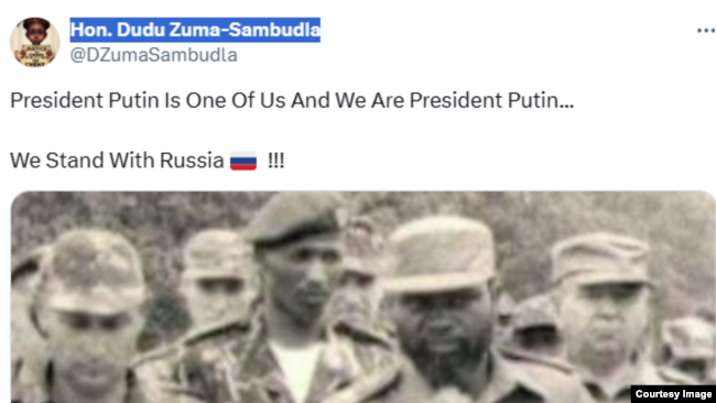 Postimi X (ish-postimi në Twitter) i Duduzila Zumës në mbështetje të Putinit, 30 prill 2023