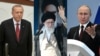 Președintele turc Tayipp Recep Erdogan, liderul iranian Khamenei și președintele rus Vladimir Putin