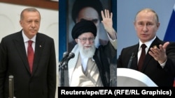 Түркия президенті Тайып Ердоған (сол жақта), Иранның рухани жетекшісі аятолла Хаменеи (ортада) және Ресей президенті ВладимирПутин (оң жақта) бейнеленген коллаж.