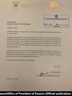 Letra që ushtruesi i detyrës së presidentit, Glauk Konjufca i ka dërguar Lëvizjes Vetëvendosje.