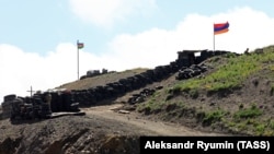 ARMENIA -- Azerbaijani (L) and Armenian checkpoints at the Sotk gold mine on the Armenian-Azerbaijani border, Gegharkunik province, June 18, 2021