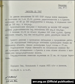 Довідка про рівень радіоактивності у Прип'яті та заходи ліквідації аварії на ЧАЕС, 30.04.1986