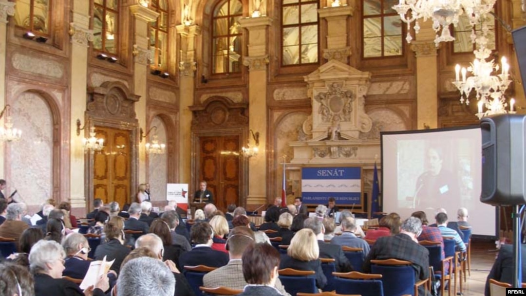 Attendees at the international "Crimes of Communism" conference in Prague on February 24