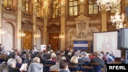 Attendees at the international "Crimes of Communism" conference in Prague on February 24