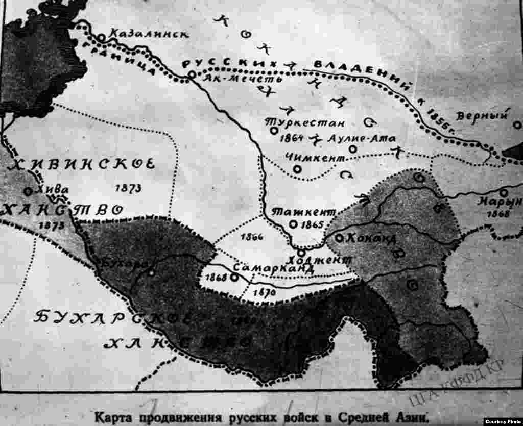 Карта продвижения русских войск в Среднюю Азию.