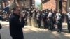 Armenian police chief Valeri Osipian addresses police forces in Ijevan on July 18. 