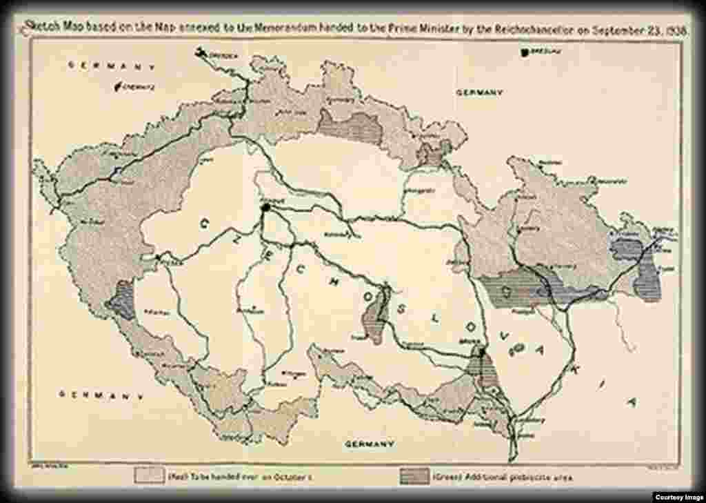 A sketch map of Bohemia and Moravia attached to the Munich Agreement of September 29, 1938. The shaded areas show the regions taken from Czechoslovakia and given to Germany.