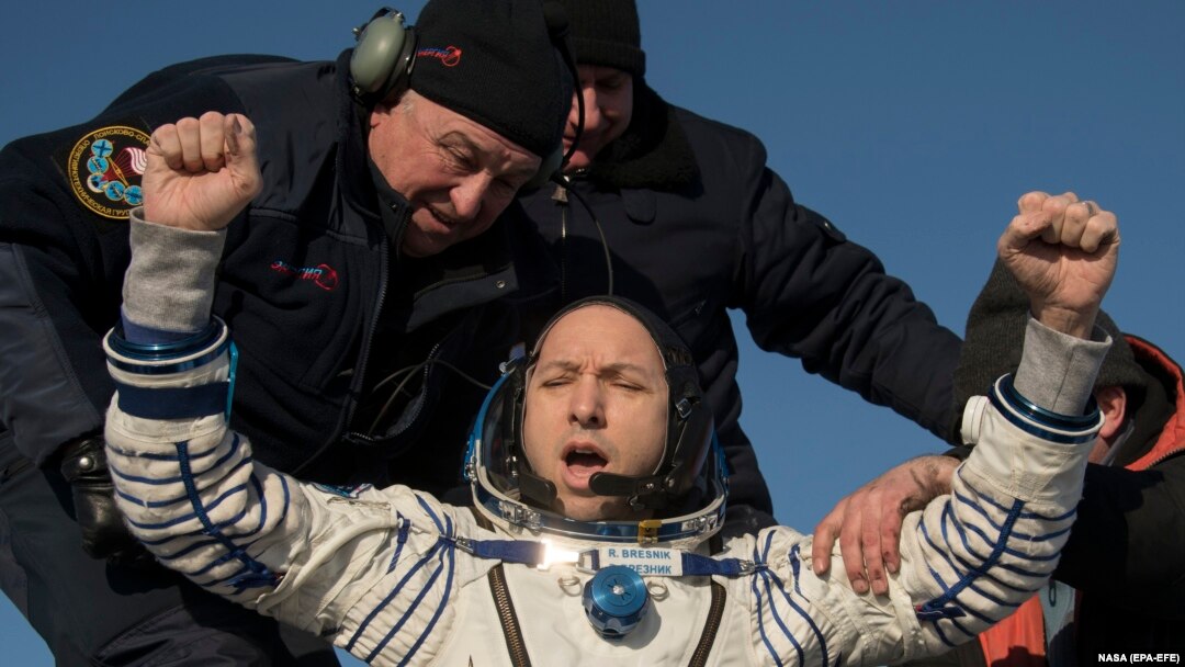 NASA astronaut Randy Bresnik is helped out of a Soyuz MS-05 spacecraft just minutes after it landed in a remote area near the town of Zhezkazgan, Kazakhstan, on December 14.