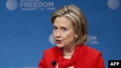 U.S. Secretary of State Hillary Clinton delivers a speech on Internet freedom at the Newseum in Washington on January 21.