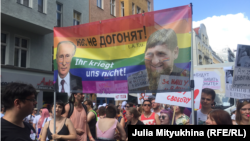 Russian President Vladimir Putin and head of Chechnya Ramzan Kadyrov are featured on a banner at Berlin Gay Pride in 2019.