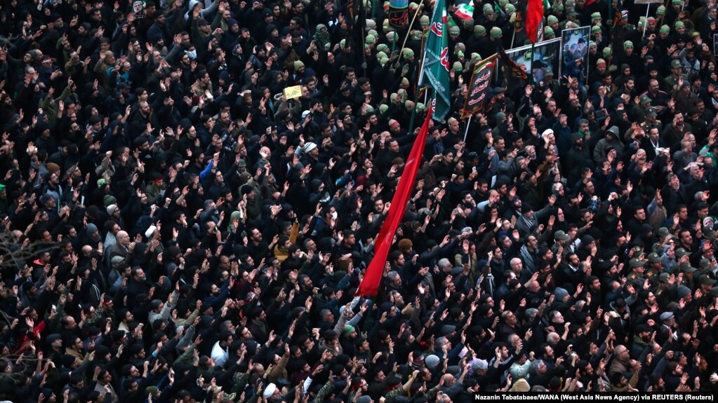 Iranians gather in Tehran to mourn Qasem Soleimani, who was killed in an air strike at Baghdad airport.