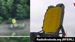 Комплекс, попавший под обстрел вблизи Горловки (слева), и фрагмент техники, которую показывали на российском телеканале «Звезда»