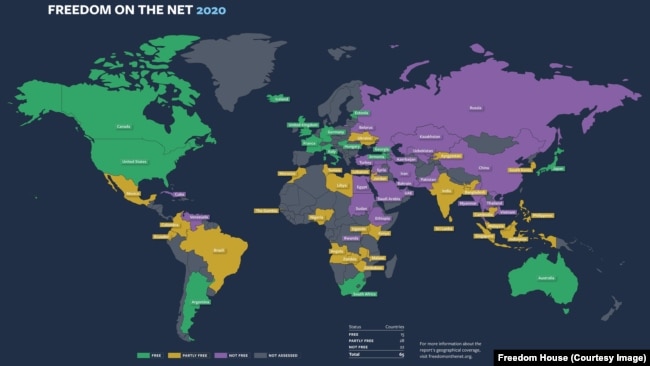 Доклад Freedom on the Net 2020 "Цифровая тень пандемии". Карта свободы интернета.