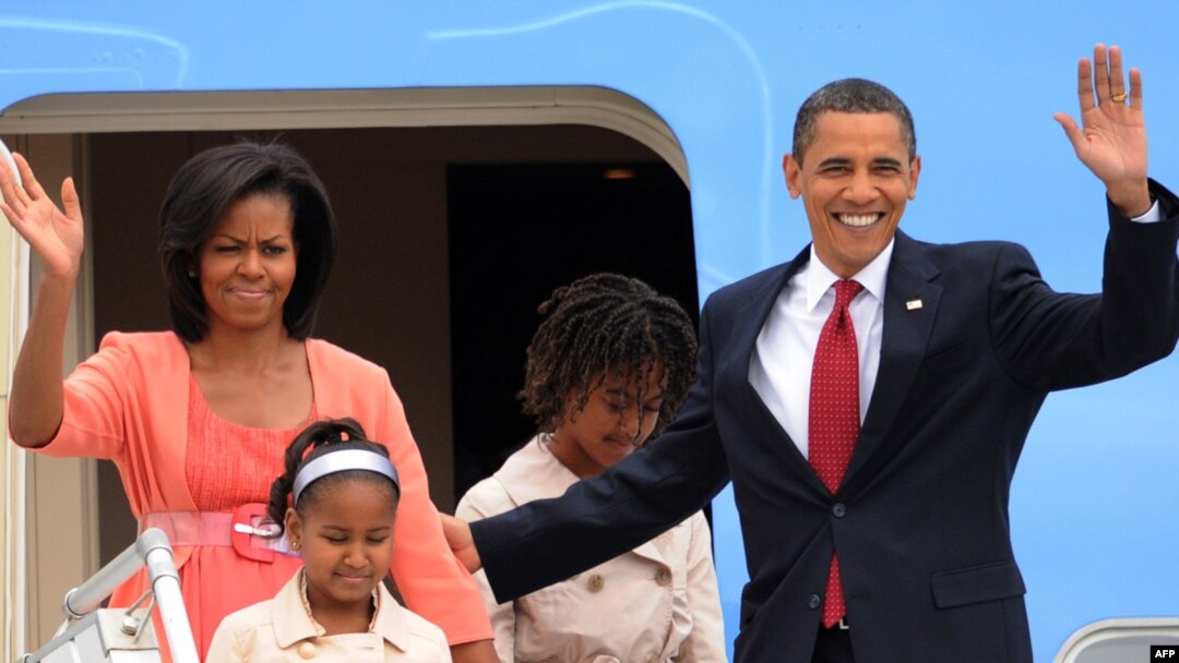 U.S. President Barack Obama, wife Michelle, and daughters Sasha and Malia arriving in Moscow on July 6.