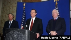 Republican U.S. Senators John McCain, John Barrasso, and Lindsey Graham at a press conference in Kabul after meeting with Afghan President Karzai