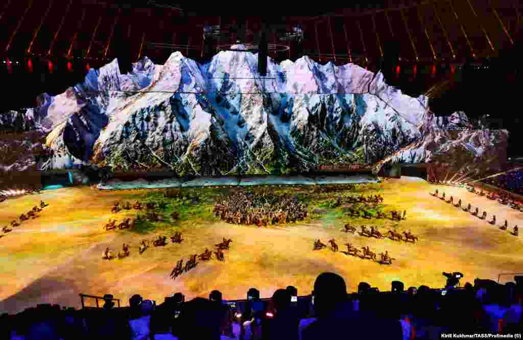Riders perform during the opening ceremony. The World Nomad Games were first held in Kyrgyzstan in 2014. The biannual event was hosted by Turkey in 2022 and Kazakhstan in 2024. 