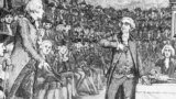 Filozoful și politicianul conservator Edmund Burke (1729-1797) protestând în parlamentul britanic împotriva folosirii forței în coloniile americane.