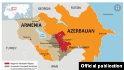 O hartă a zonei, care include Nagorno-Karabah, regiunea separatistă din Azerbaidjan, dominată de miliții armene.