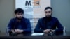 Armenia - Vrezh Mkrtumyan (left), who was subjected to police violence years ago, and his lawyer Ara Gharagyozyan at the Media center, Undated
