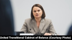 Сьвятлана Ціханоўская падчас слуханьняў у Каардынацыйнай радзе. Фота — Аб’яднаны пераходны кабінэт Беларусі