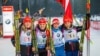 Germany - Eva Puskarcikova (L-R), Gabrela Soukalova, Vitkova Veronika and Jitka Landova of Czech Republic cheer after winning the 4x6 km women's relay race during the Biathlon World Cup at the Chiemgau Arena in Ruhpolding, Germany, 14 January 2015