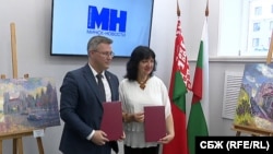 Председателите на СБЖ и БСЖ Снежана Тодорова и Андрей Кривошеев след подписваането на споразумение за сътрудничество между двата професионални съюза, юли 2024 г.