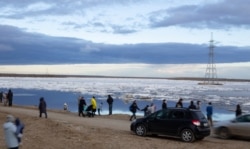 Ice floes on the Lena River in Yakutsk.
