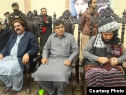 PTM leaders Ali Wazir (L), Mohsin Dawar and Manzoor Pashteen in Mir Ali, North Waziristan on March 2.