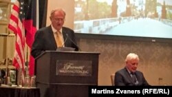 Pavel Pechacek (standing), Kevin Klose at the Karel Kramar Award Ceremony in Washington,March 31, 2016.