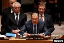 Russian Foreign Minister Sergei Lavrov addresses a meeting of the UN Security Council on February 23.