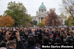 Në konferencën e parë për media të Listës së Studentëve në Parkun e Pionerëve morën pjesë ekipe të shumta të gazetarëve vendas dhe të huaj, më 29 tetor 2026.
