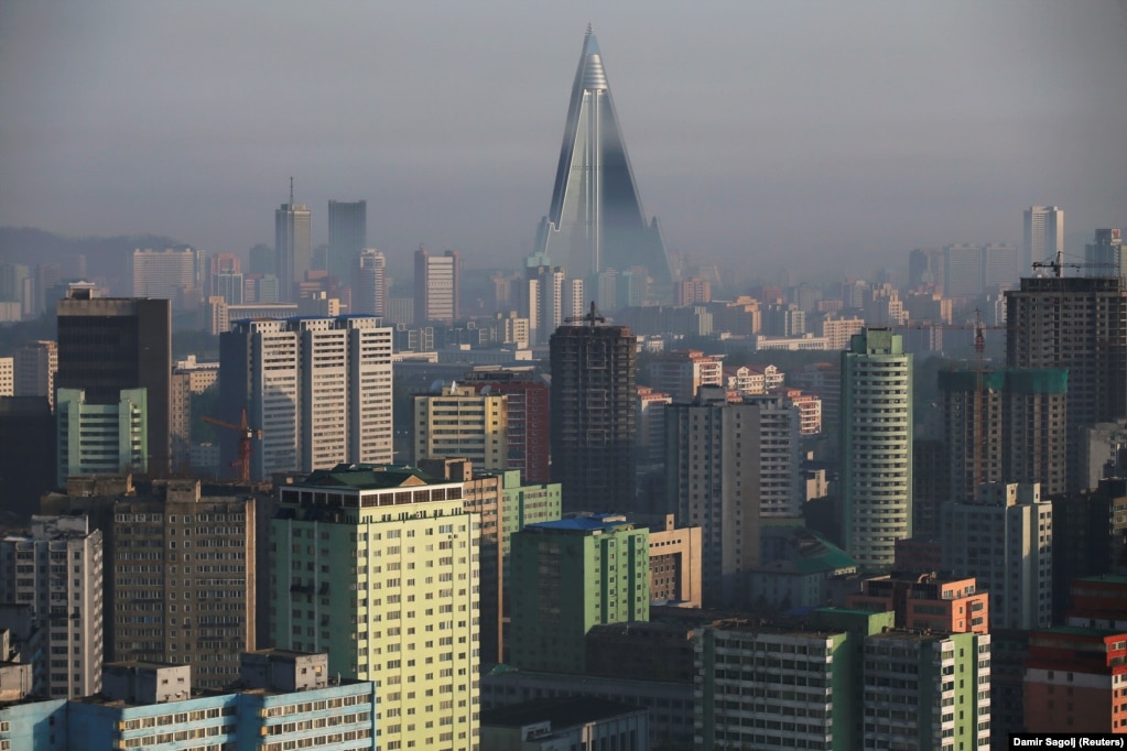 An overview of Pyongyang. North Korea spends around one-third of its national income on its military, with little left over for civilian infrastructure. 