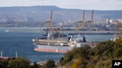 An oil tanker is moored at the Sheskharis complex, part of Chernomortransneft JSC, a subsidiary of Transneft PJSC, in Novorossiysk -- one of the largest facilities for oil and petroleum products in southern Russia.