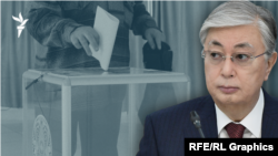 Казакстандын президенти Касым-Жомарт Токаев жана шайлоодо үкөккө бюллетень салып жаткан жаран тартылган коллаж. 