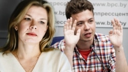 Былая палітзьняволеная Ксенія Луцкіна. Раман Пратасевіч. Ілюстрацыйны каляж. Свабода Premium. 