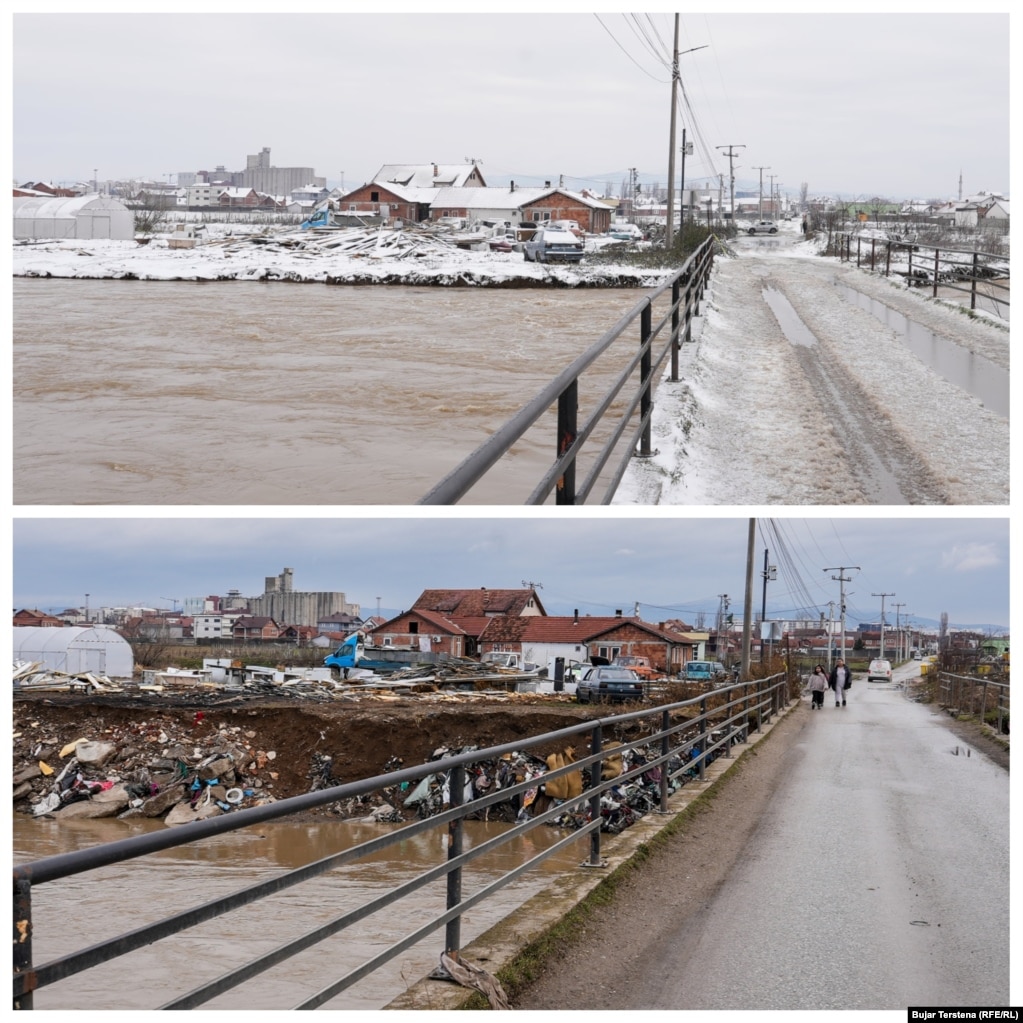 Ura e fshatit Kuzmin para (në fotografinë lart) dhe pas vërshimeve të janarit, nëpër të cilin rrjedh Lumi Sitnica.Dalja e lumenjve nga shtrati sa herë që ka shira të rrëmbyeshëm, është ndër arsyet kryesore pse Kosova përballet me vështrime.