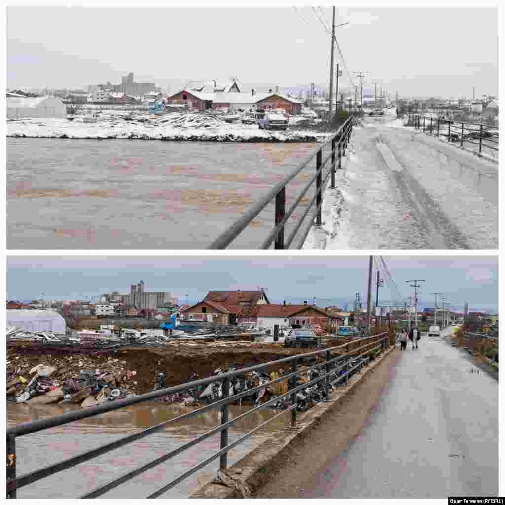 Ura e fshatit Kuzmin para (në fotografinë lart) dhe pas vërshimeve të janarit, nëpër të cilin rrjedh Lumi Sitnica.Dalja e lumenjve nga shtrati sa herë që ka shira të rrëmbyeshëm, është ndër arsyet kryesore pse Kosova përballet me vështrime.