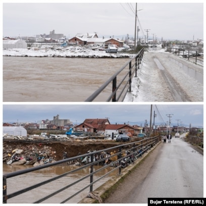 Ura e fshatit Kuzmin para (në fotografinë lart) dhe pas vërshimeve të janarit, nëpër të cilin rrjedh Lumi Sitnica.Dalja e lumenjve nga shtrati sa herë që ka shira të rrëmbyeshëm, është ndër arsyet kryesore pse Kosova përballet me vështrime.