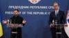 Ukrainian President Volodymyr Zelenskyy (left) and his Serbian host, Aleksandar Vucic, at a news conference in Belgrade on August 8
