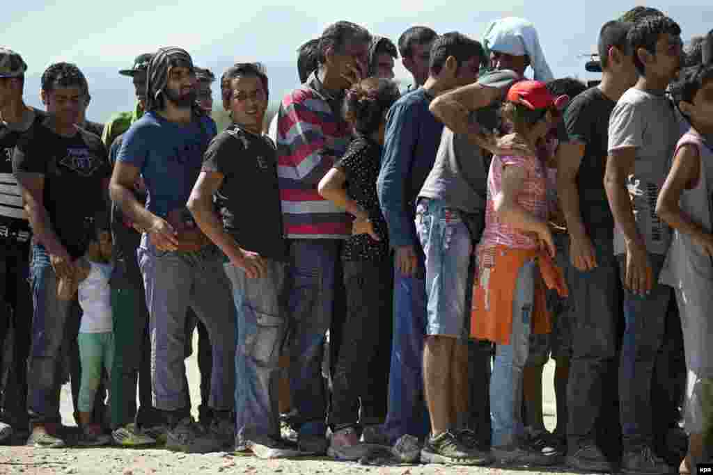 Мигранты, добравшиеся в Македонию через Грецию, выстроились в очередь за продуктами, недалеко от города Гевгелия. 1 сентября 2015 года.