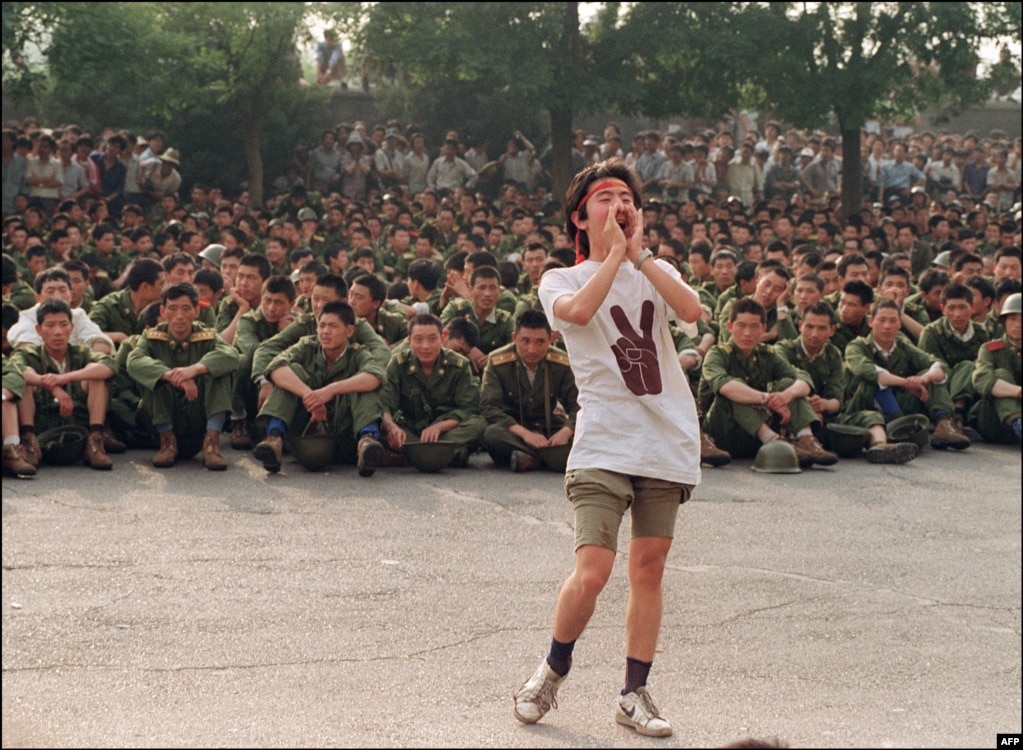A student tells soldiers to leave on June 3, shortly before the crackdown.
