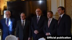 France - The Armenian and Azerbaijani foreign ministers and the co-chairs of the OSCE Minsk Group pose for a photograph in Paris, January 16, 2019.