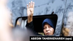 Faezeh Hashemi greets supporters and people attending the funeral of her father, Akbar Hashemi Rafsanjani, in Tehran on January 10, 2017. She has faced pressure for criticizing the system that her father helped establish.