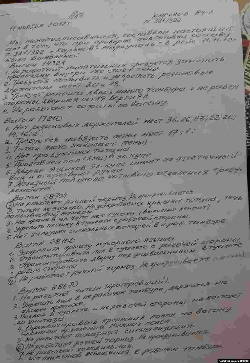 Копія акту про докладний опис несправностей вагонів потягу №322 «Маріуполь-Харків». Сторінка 2.