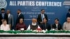 FILE: Pakistan's opposition parties leaders, from left, Maryam Nawaz, Shahbaz Sharif, Maulana Fazalur Rehman, Bilawal Bhutto Zardari, Yousuf Raza Gillani, and Mahmood Khan Achakzai during the all parties conference in Islamabad on June 26.