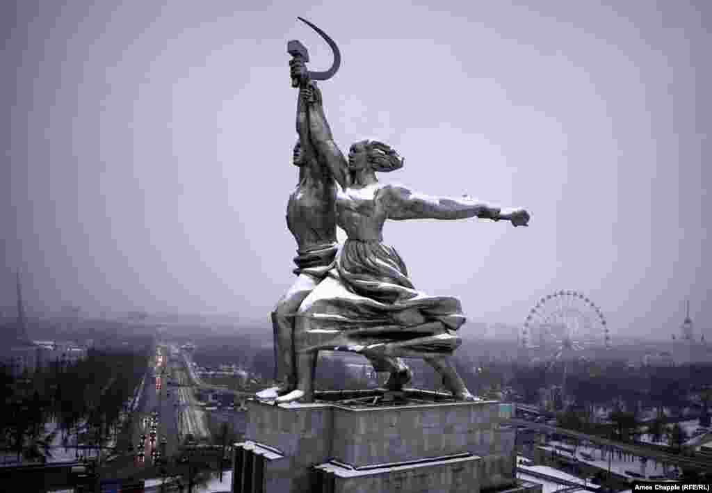 Moscow, Russia. The stainless-steel statue of Worker and Kolkhoz Woman striding into the future that was.