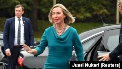 EU foreign policy chief Federica Mogherini arrives for the meeting in Helsinki on August 30. 